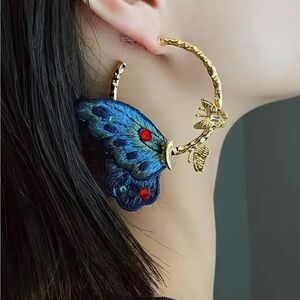 Blue & Gold Butterfly Hoop Earrings